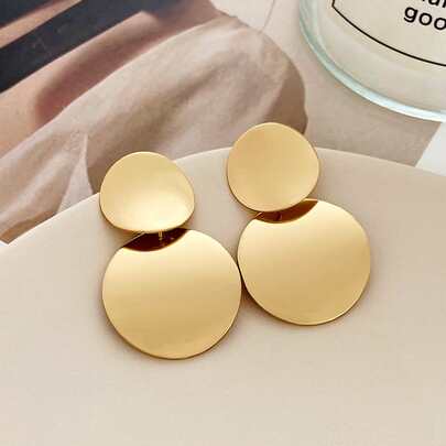 1 Par de Brincos Retro de Metal Liso e Versátil em Círculo 3D, Chique