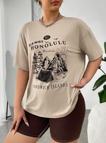 SHEIN EZwear Plus Mountain & Slogan Graphic Drop Shoulder Tee - Khaki - View 3