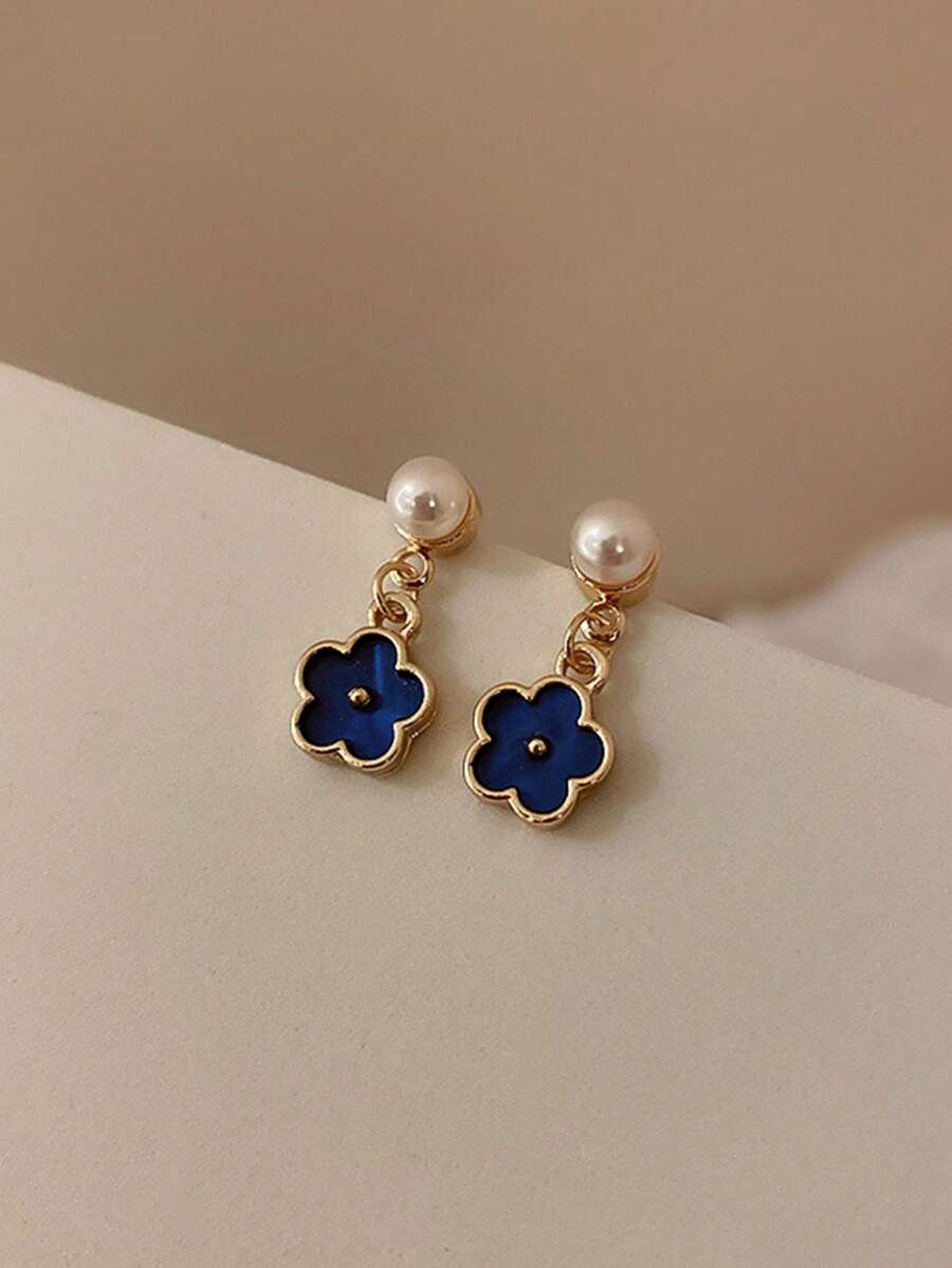 1 对简约优雅珍珠花耳钉，百搭设计 - 彩色 - 查看 1