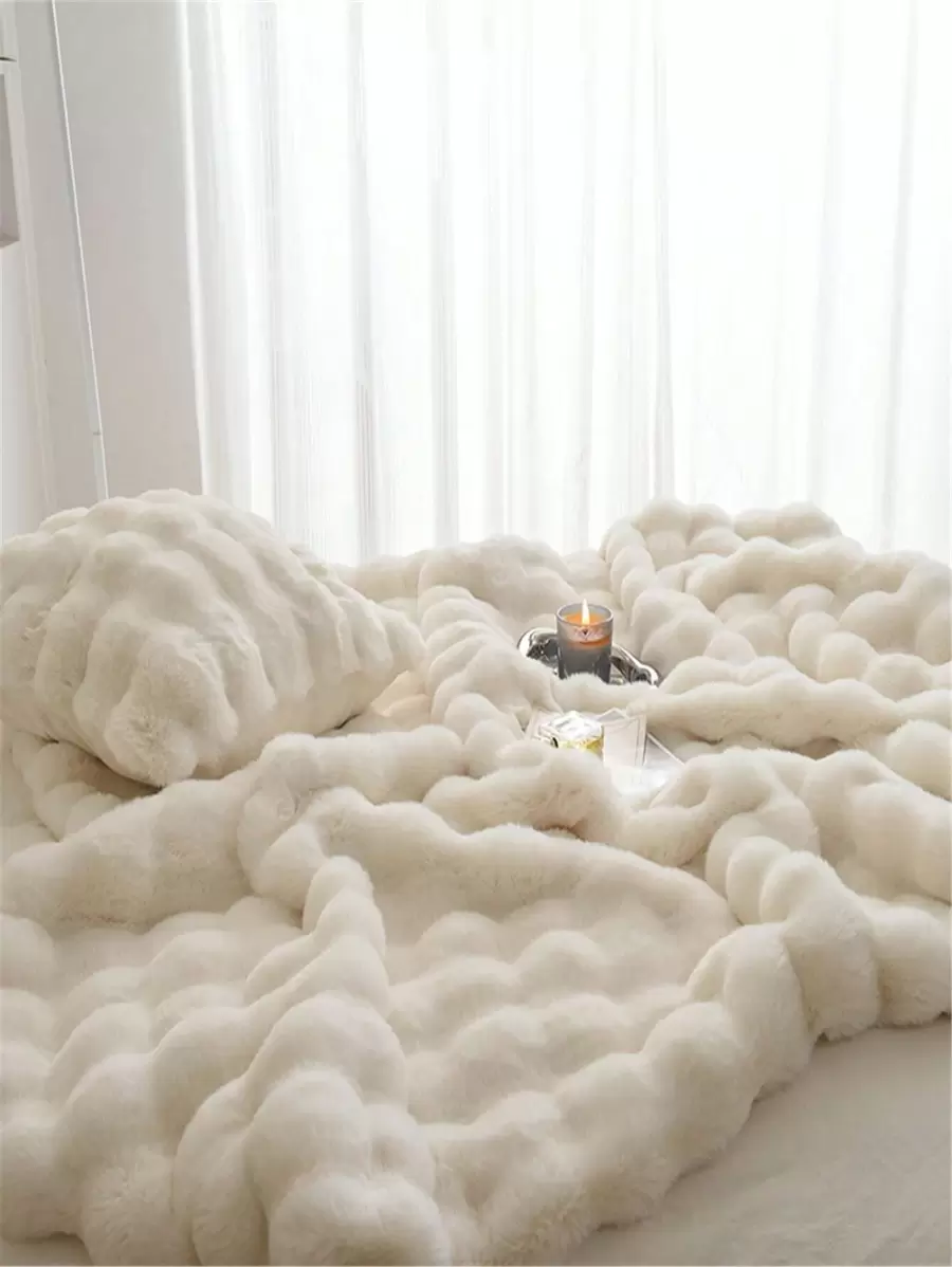 1pc Solid Fuzzy Blanket, Simple White Plush Blanket For Bed - White - View 1