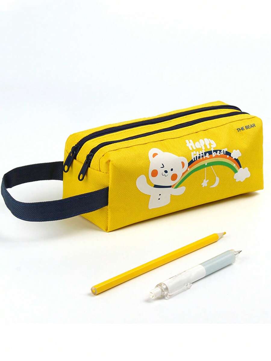 1入組卡通熊圖案文具袋可愛大容量筆袋適合學校學生文具收納袋 - 黃色 - 查看 1