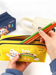 1入組卡通熊圖案文具袋可愛大容量筆袋適合學校學生文具收納袋 - 黃色 - 查看 5