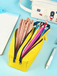 1入組卡通熊圖案文具袋可愛大容量筆袋適合學校學生文具收納袋 - 黃色 - 查看 6