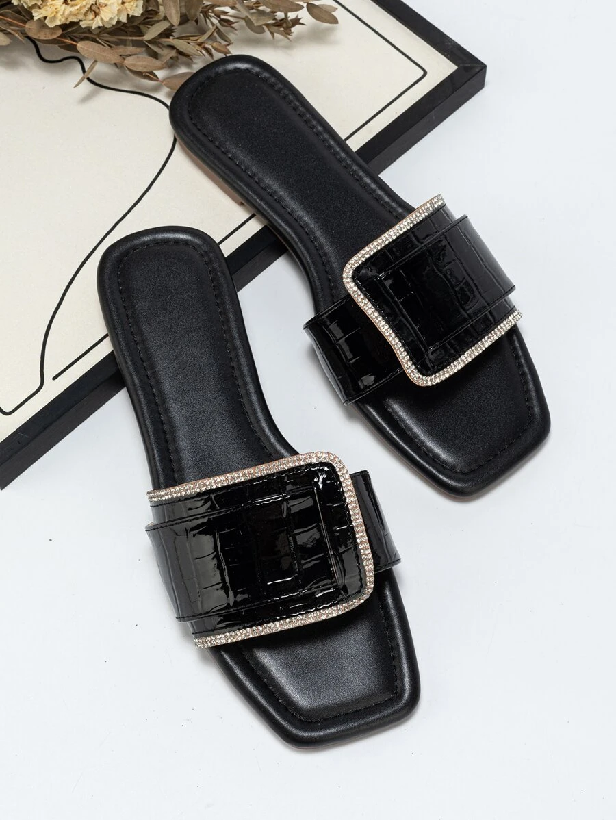 女士鱷魚壓紋金屬裝飾人造皮革時尚涼鞋黑色 - 黑色 - 查看 1