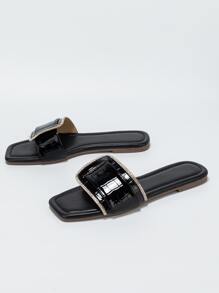 女士鱷魚壓紋金屬裝飾人造皮革時尚涼鞋黑色 - 黑色 - 查看 4