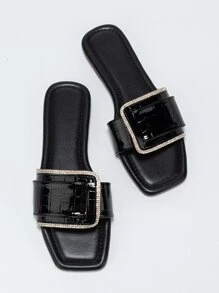 女士鱷魚壓紋金屬裝飾人造皮革時尚涼鞋黑色 - 黑色 - 查看 6