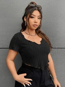 SHEIN EZwear 大碼木耳邊手帕下擺短款T恤 - 黑色 - 查看 4