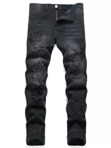 Men Star Patched Ripped Frayed Bleach Wash Jeans - Black - View 1