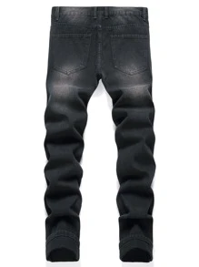 Men Star Patched Ripped Frayed Bleach Wash Jeans - Black - View 2