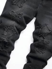 Men Star Patched Ripped Frayed Bleach Wash Jeans - Black - View 4
