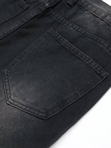 Men Star Patched Ripped Frayed Bleach Wash Jeans - Black - View 6