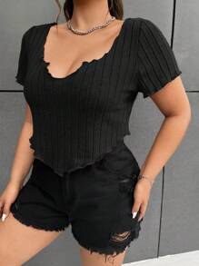 SHEIN EZwear 大碼木耳邊手帕下擺短款T恤 - 黑色 - 查看 5