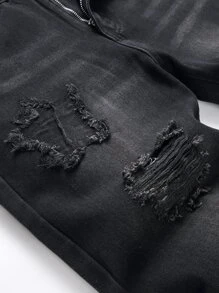 Men Star Patched Ripped Frayed Bleach Wash Jeans - Black - View 8