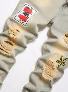 男式字母拼贴破洞磨边碎布缝线牛仔裤 - 淺色水洗藍 - 查看 3