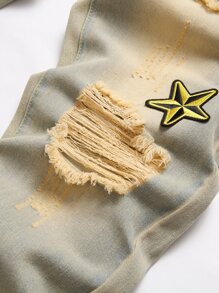 男式字母拼贴破洞磨边碎布缝线牛仔裤 - 淺色水洗藍 - 查看 4