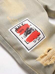 男式字母拼贴破洞磨边碎布缝线牛仔裤 - 淺色水洗藍 - 查看 5