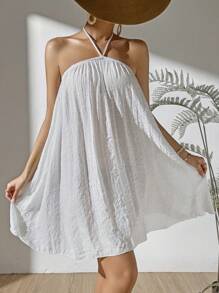 SHEIN Swim Vestido holgado de cuello halter anudado, espalda descubierta, vestido de cubrir de verano unicolor - Blanco - Ver 6