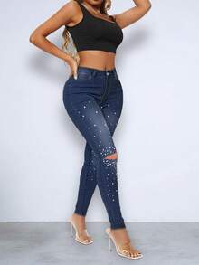 珍珠球鑲嵌瘦身褲 - 深色水洗藍 - 查看 4