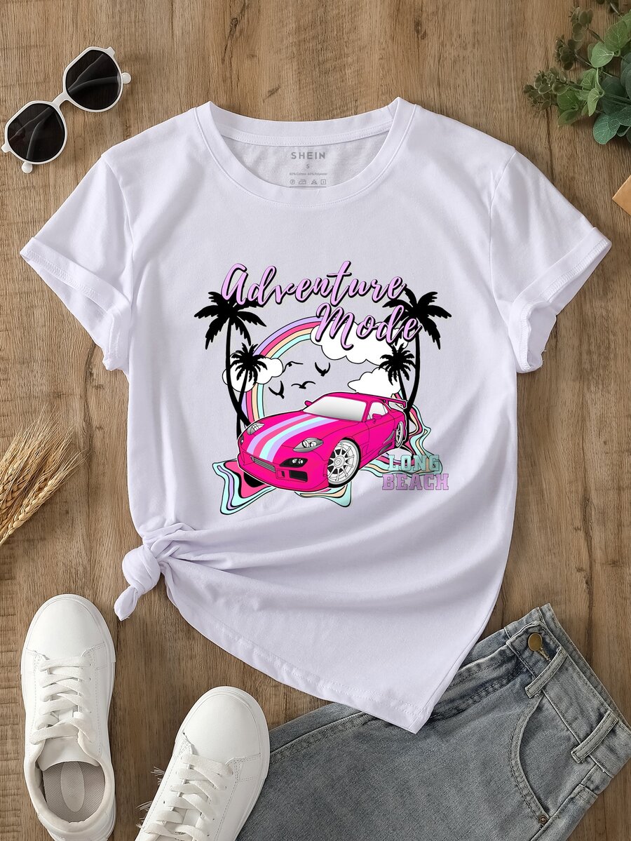 SHEIN LUNE Áo thun nữ Lá thư Ô tô/xe hơi Giải trí - trắng - Xem 1