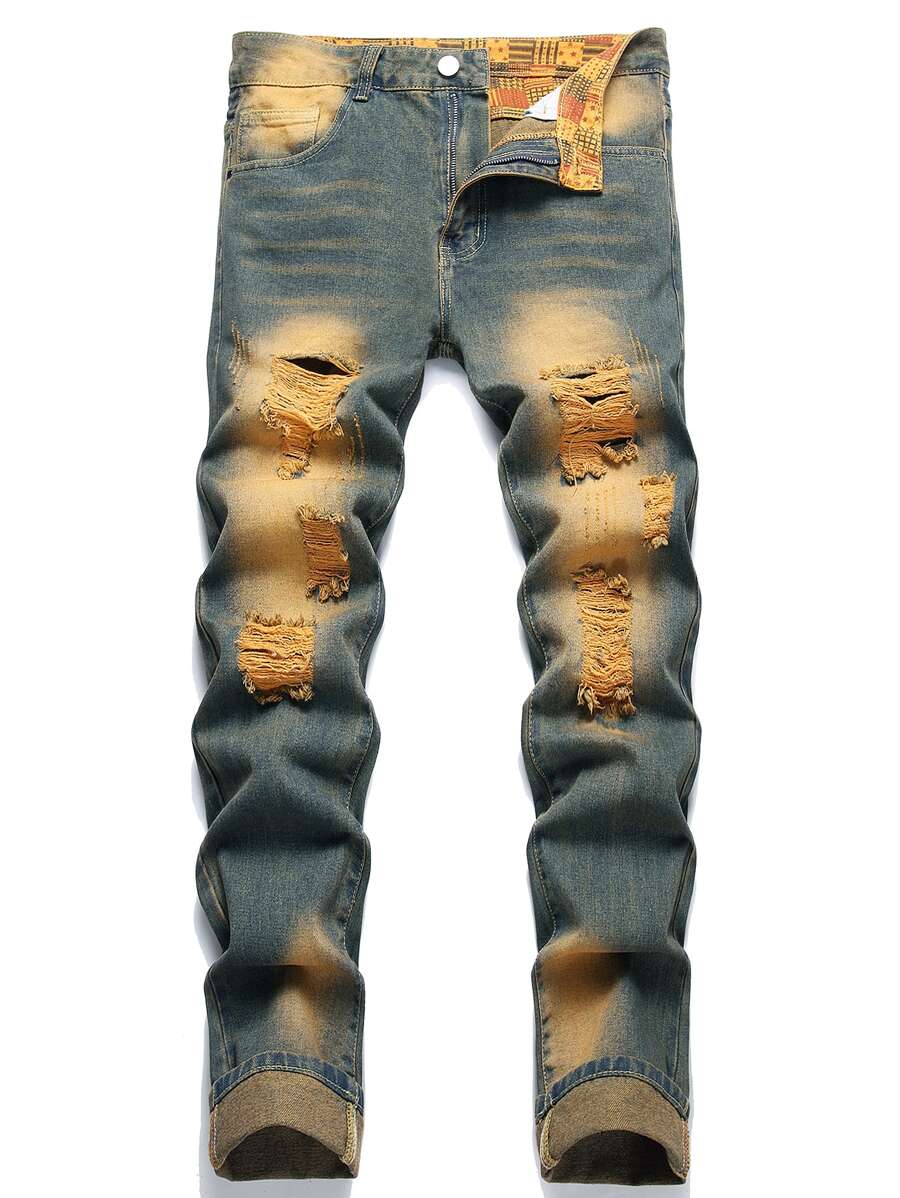 Men Ripped Frayed Bleach Wash Jeans - Dark Wash - View 1