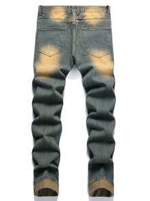 Men Ripped Frayed Bleach Wash Jeans - Dark Wash - View 2