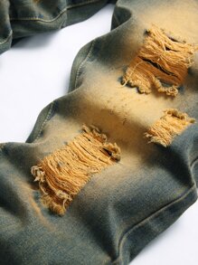 Men Ripped Frayed Bleach Wash Jeans - Dark Wash - View 3