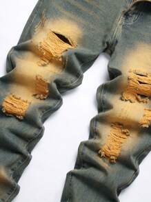 Men Ripped Frayed Bleach Wash Jeans - Dark Wash - View 5