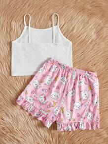SHEIN Chicas con estampado de dibujos animados Top de tirantes & bajo con fruncido Shorts Conjunto de pijama - Multicolor - Ver 2