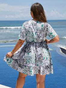 SHEIN Holidaya Vestido con estampado de pañuelo de cuello notch bajo con fruncido - Multicolor - Ver 2