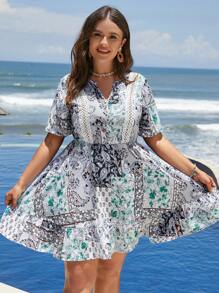 SHEIN Holidaya Vestido con estampado de pañuelo de cuello notch bajo con fruncido - Multicolor - Ver 3