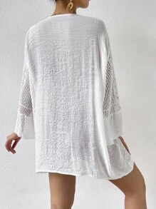 SHEIN Swim Vestido cubre bañador con tejido de bambú mixto tejido de doble empalme con borde de hoja de loto, detalle retorcido y cuello en V cruzado para mujeres en vacaciones - Blanco - Ver 2