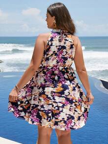 Calvaya Plus Allover Print Belted Halter Dress - Multicolor - View 2