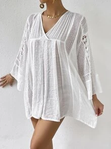 SHEIN Swim Vestido cubre bañador con tejido de bambú mixto tejido de doble empalme con borde de hoja de loto, detalle retorcido y cuello en V cruzado para mujeres en vacaciones - Blanco - Ver 3