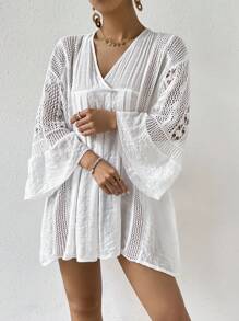 SHEIN Swim Vestido cubre bañador con tejido de bambú mixto tejido de doble empalme con borde de hoja de loto, detalle retorcido y cuello en V cruzado para mujeres en vacaciones - Blanco - Ver 6