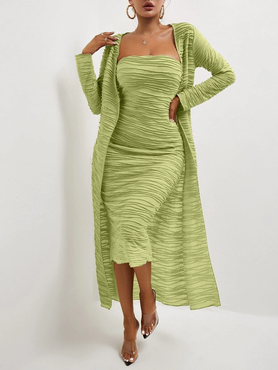 SHEIN Privé Bộ đồ hai mảnh nữ màu trơn Thanh lịch - Màu xanh chanh - Xem 1
