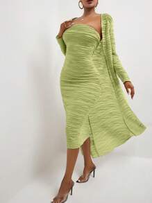 SHEIN Privé Bộ đồ hai mảnh nữ màu trơn Thanh lịch - Màu xanh chanh - Xem 3