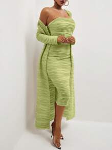 SHEIN Privé Bộ đồ hai mảnh nữ màu trơn Thanh lịch - Màu xanh chanh - Xem 4