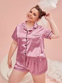Plus Contrast Piping Satin PJ Set / Pajama Set - Pink - View 1