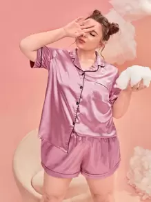 Plus Contrast Piping Satin PJ Set / Pajama Set - Pink - View 5