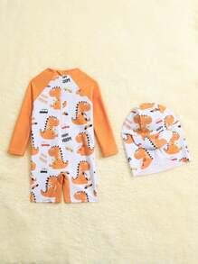 男嬰卡通圖案連體泳衣帶泳帽 - 彩色 - 查看 2