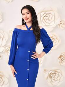Modelyn 繞頸燈籠袖前紐扣下擺開叉連衣裙 - 藍色 - 查看 5