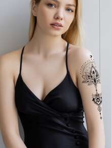 1張花朵圖案紋身貼紙 - 黑色 - 查看 2