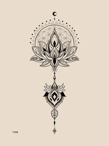 1張花朵圖案紋身貼紙 - 黑色 - 查看 3