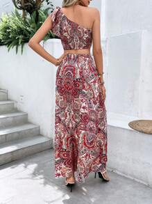 SHEIN VCAY Top con estampado de paisley de un hombro & Falda de muslo con abertura sin cinturón - Multicolor - Ver 4