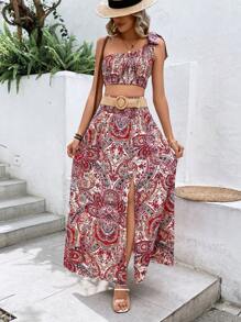 SHEIN VCAY Top con estampado de paisley de un hombro & Falda de muslo con abertura sin cinturón - Multicolor - Ver 2