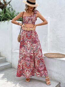 SHEIN VCAY Top con estampado de paisley de un hombro & Falda de muslo con abertura sin cinturón - Multicolor - Ver 5