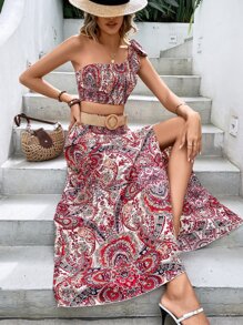 SHEIN VCAY Top con estampado de paisley de un hombro & Falda de muslo con abertura sin cinturón - Multicolor - Ver 1