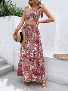SHEIN VCAY Top con estampado de paisley de un hombro & Falda de muslo con abertura sin cinturón - Multicolor - Ver 6