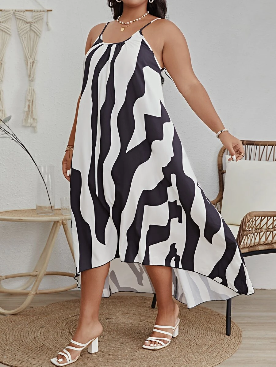 SHEIN VCAY Plus Wave Striped Print High Low Cami Dress - Black and White - View 1