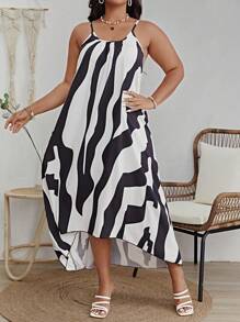 SHEIN VCAY Plus Wave Striped Print High Low Cami Dress - Black and White - View 3